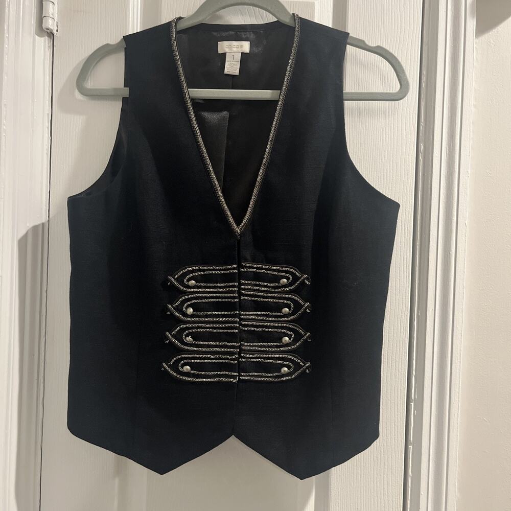 Chico's Vest - Black Linen Thin Chain Embellished Women’s 1 M Half Belted Back